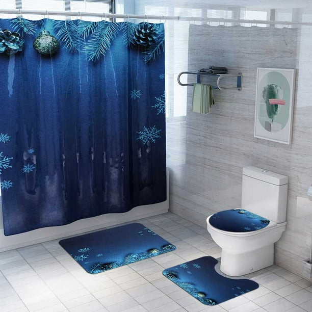 Cute Woman Bathroom Rugs Shower Curtain 4PCS Non-Slip Foot Mat Toilet Lid Cover